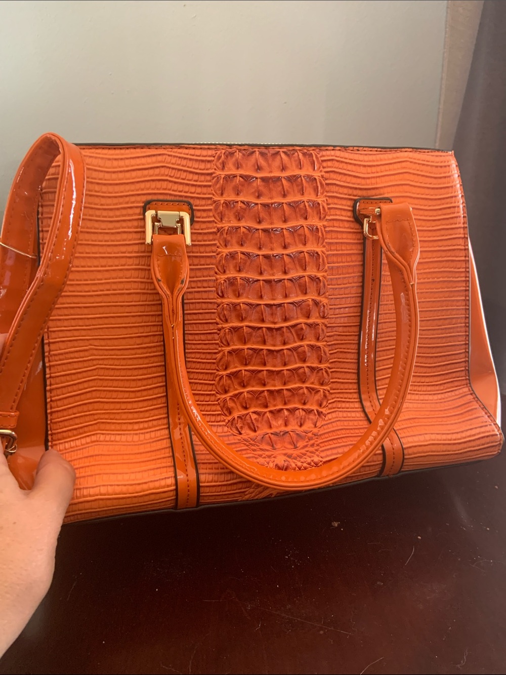 Orange Croc-Texture Structured Satchel